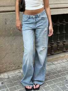 Quần jeans nữ dáng suông, cạp thấp, rộng rãi, phong cách thường ngày, bạc màu, rách nhẹ. - Rửa nhẹ - Xem 2