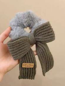 1pc Autumn/Winter Knitted Bow Scrunchie, Cute Fluffy Hair Tie Hair Accessory ,Ponytail Holders ,Hair Elastics ,Hair Rubber Bands ,Hair Rope , - Multicolor - View 9