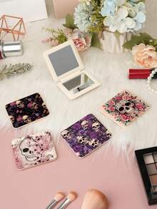 1pc Gothic Style Skull Series Vanity Mirror, Foldable Lightweight Compact Handheld Mirror, Durable PU Leather, Suitable For All Occasions, Portable Pocket Mirror With Classic Skull, Rose, Butterfly, Spider Web, Heart Patterns, 180° Flip Design - Multicolor - View 2