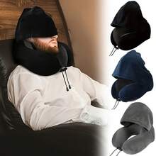 1 Adjustable U-Shaped Neck Pillow - Polyester, Hand Washable, Multiple Colors Available, Suitable For Car Travel And Outdoor Use, Comfortable And Snug Neck Support, Travel Neck Pillow, Car Accessory, Stylish Design, Durable Fabric. - Áo khoác đen có mũ trùm đầu - Xem 1