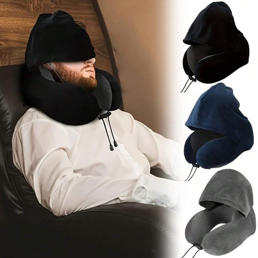 1 Adjustable U-Shaped Neck Pillow - Polyester, Hand Washable, Multiple Colors Available, Suitable For Car Travel And Outdoor Use, Comfortable And Snug Neck Support, Travel Neck Pillow, Car Accessory, Stylish Design, Durable Fabric. - Áo khoác đen có mũ trùm đầu - Xem 1