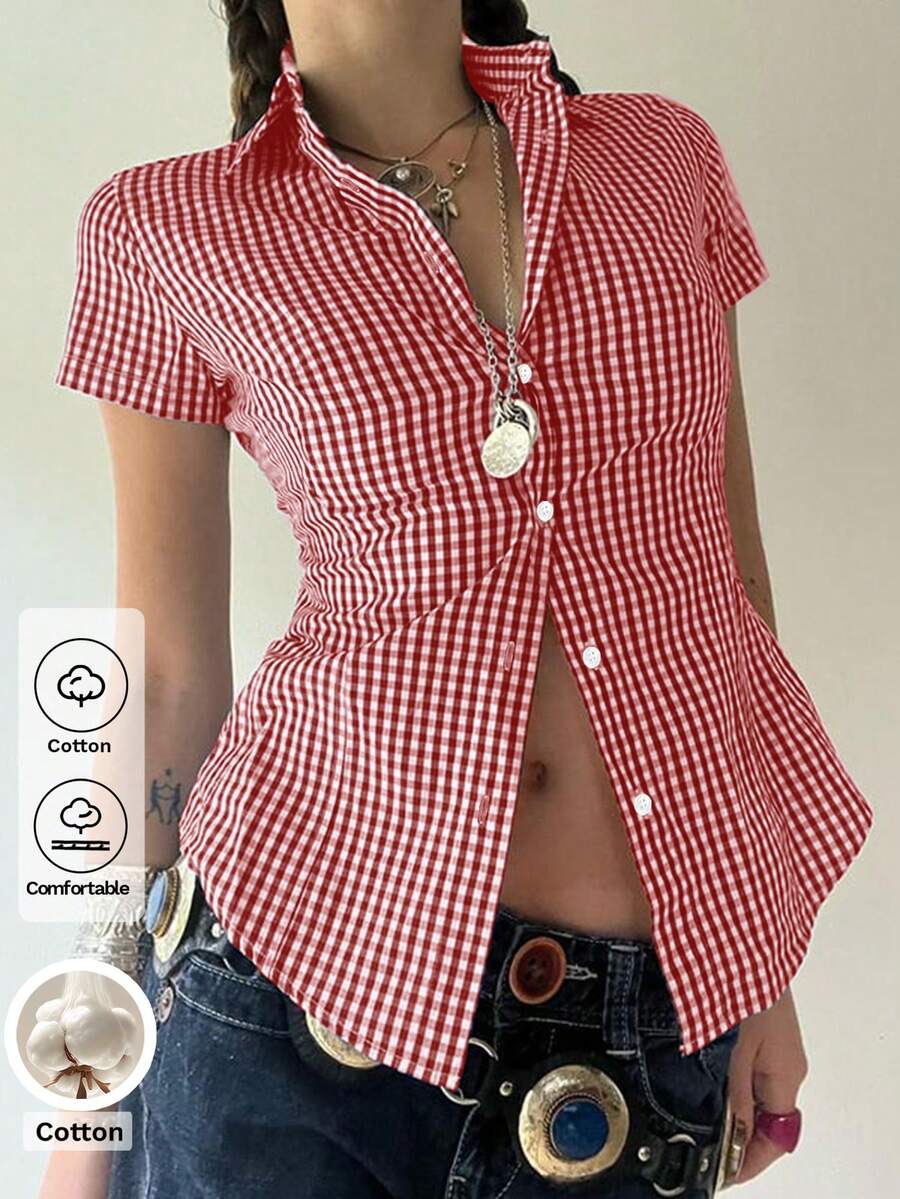 Sunny Girly Spring Valentine's Day Women's Wear Y2K Back To School Season Cotton Fitted Lapel Short Sleeve Shirt With Buttons, Red Checkered College Style Top - Burgundy - View 1