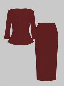 两件套魅力套装，法式优雅日常通勤商务精致复古风约会装：收腰七分袖方领上衣 + 直筒铅笔中长裙，精致通勤套装 - 紅色 - 查看 7