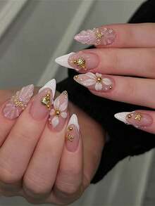 24pcs Almond-Shaped French Manicure Nail Stickers, Decorated With 3D Floral, Golden Starfish, Shell Details, And Faux Pearl Accents, Glossy Nude Pink Color, Elegant And Suitable For Everyday And Special Occasions Press On Nails - Multicolor - View 7