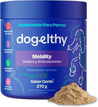 Movilidad Dogelthy. Suplemento Condroprotector para Perros con Glucosamina, Condroitina y Colageno Tipo 2 UCII. Complemento para Croquetas o Dieta Barf 270g. (Pescado)