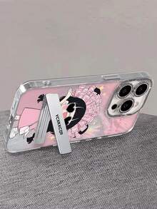 1pc Electroplated Glitter Full Coverage Cartoon Wealthy Girl Phone Case With 3D Metal Stand, Suitable For IPhone11/12/13/14/15/16/17/PROMAX