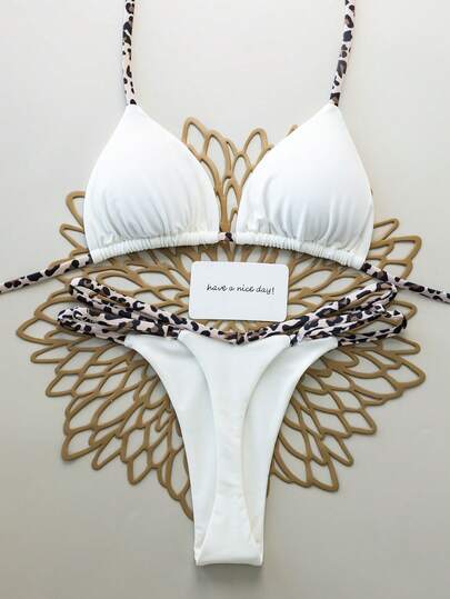 2pcs Leopard & Solid Color Sexy Open Back Lace Up Female Swimsuit Bikini Set, Beach Resort, Stage & Concert Performance Outfit For Summer