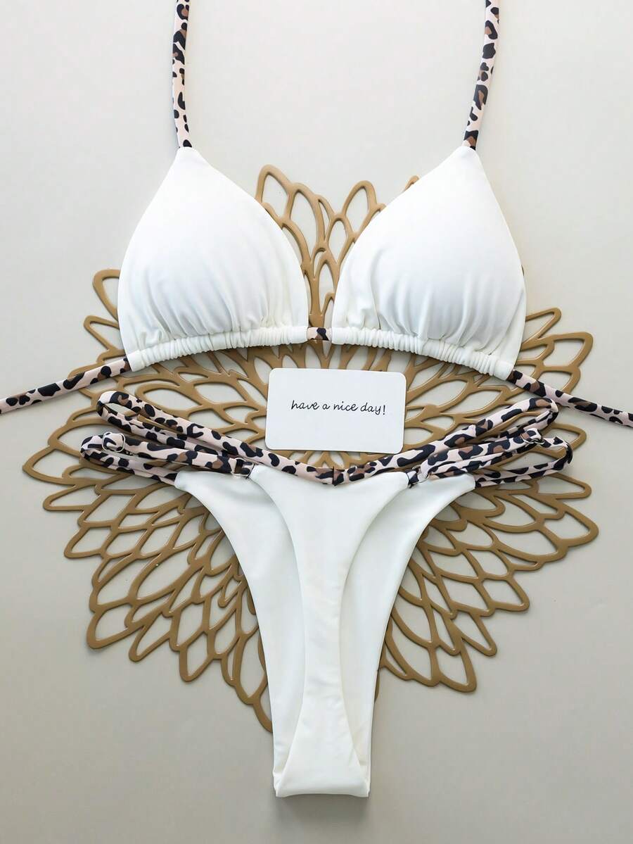 两件套豹纹和纯色性感露背系带女式泳衣比基尼套装，适合海滩度假、舞台和音乐会表演，夏季假期白色 - 白色 - 查看 1