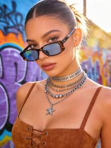 1pc Women's Narrow Rectangular Butterfly Frame Retro Street Y2K Baddie Contrast Color Chic Minimalist Fashion Fashion Glasses, Vacation - Tortoiseshell Framed Blue Plate - View 3