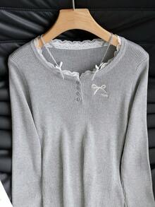 女士蕾丝拼接蝴蝶结高领长袖修身针织衫，秋冬款 - 灰色 - 查看 10