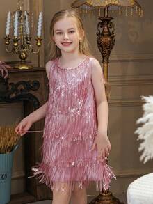 Tween Girl Sleeveless Flowing Sequin Fringe Party Dress, Flower Girl Dress, Princess Gown For Girls, Suitable For Birthday Party, Wedding, Prom, Holiday Celebration - Pink - View 4