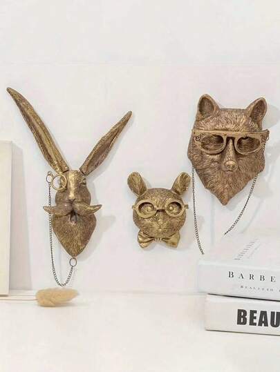 Large/Small (Bear Head, Rabbit Head, Deer Head, Mouse Head, Fox Head) Decorative Wall Hanging, Home Decor, Bronze Resin Animal Sculpture Wall Mount Ornament