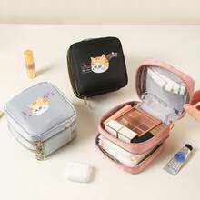 1pc Cartoon Cat Double-Layer Sanitary Pad Storage Bag, Lipstick Foundation Eyeshadow Cosmetic Organizer Bag, Large Capacity Portable Feminine Hygiene Pad Pouch, Wallet, Purse In Purse, Valentine's Day Gift, Back To School - Multicolor - View 1