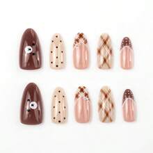 30 Pcs Cute Bear Heart Pattern False Nails - Medium Ballet Shape, Glossy Effect, Mixed Colors (Beige, Brown, White) Includes Jelly Glue And Nail File, Beauty Accessories, Fantasy Pattern, Durable Stickers,Adorable Bear-Shaped Nail Tips With Plaid & Polka Dot Designs, Brown French Manicure Bows - K180[30 件裝] - 查看 3