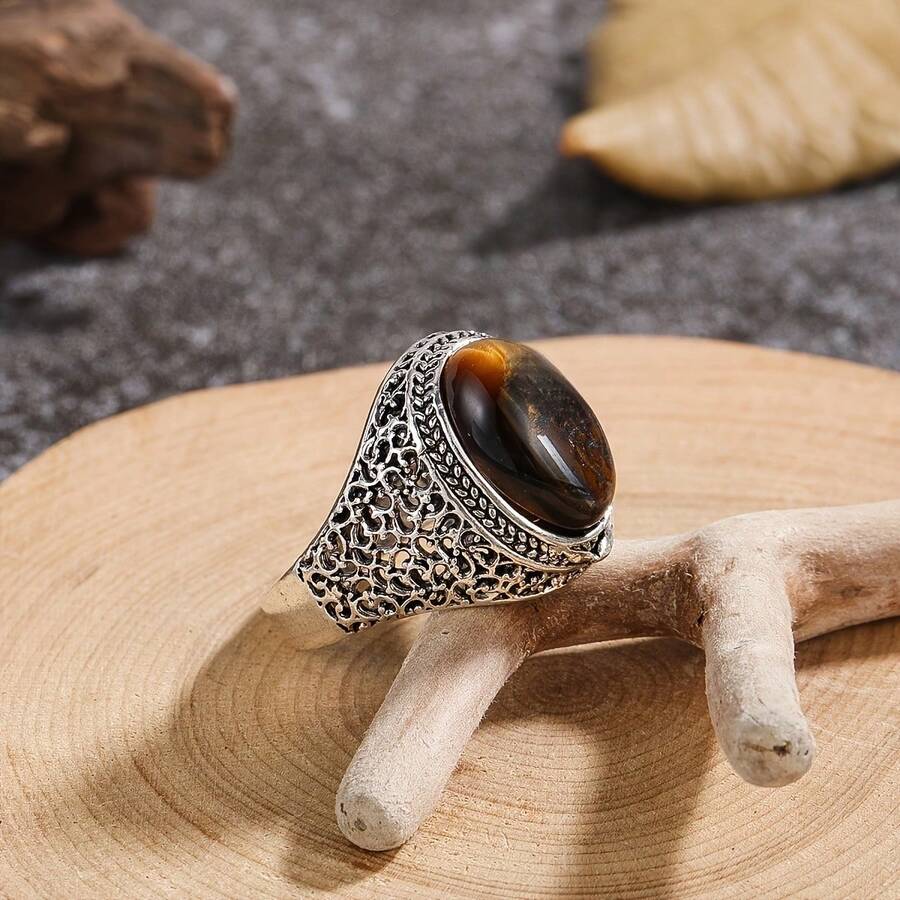 1pc Fashionable Vintage Hollow Out Men's Date Ring - Antique Silver - View 1