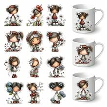 12张花朵女孩图案UV转印贴纸 | 自粘塑料贴纸，适用于工艺品、马克杯、笔记本电脑和水瓶，高品质印刷，经久耐用，节日主题设计，EYESWEB出品 - 彩色 - 查看 6