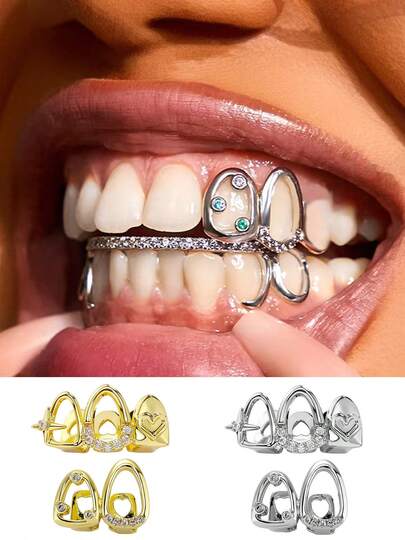 1 Set 14K Gold Plated Hollow Star & Heart Grillz, Unisex Hip Hop Style Suitable For Nightclub, Party, Valentine's Day, Halloween, Christmas And Other Occasions