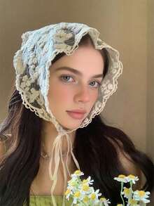 白色针织花卉网纱围巾/发带/腰带套装，适合女士度假装扮，包括蕾丝吊带背心腰带、带蕾丝边的弹力腰带、优雅的春夏蕾丝荷叶边半身裙，随机花卉图案 - 彩色 - 查看 4