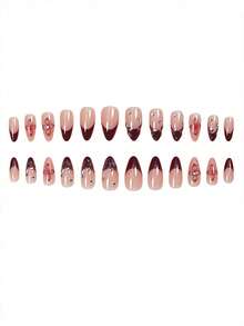 24pcs Y2K Hot Girl French Almond-Shaped Resin Nails-Sheer Base Wrapped In Burgundy Petals With Diamond Accents, A Sweet-Edgy Manicure. - Multicolor - View 5