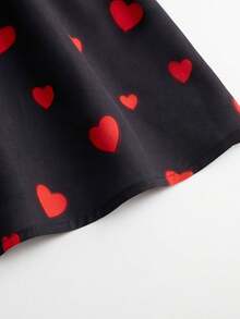 JTI Women's Sweet Bowknot Decor Round Neck Long Sleeve Heart Print A-Line Waist Tie Hem Short Dress, Black Cute Girly Style, Suitable For Valentine's Day Date - Black - View 5