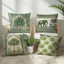 4 件套复古热带椰子树大象图案抱枕套，单面印花天鹅绒材质，45*45 厘米/18*18 英寸，适用于现代布艺沙发室内装饰、派对装饰、礼品 - 彩色 - 查看 1
