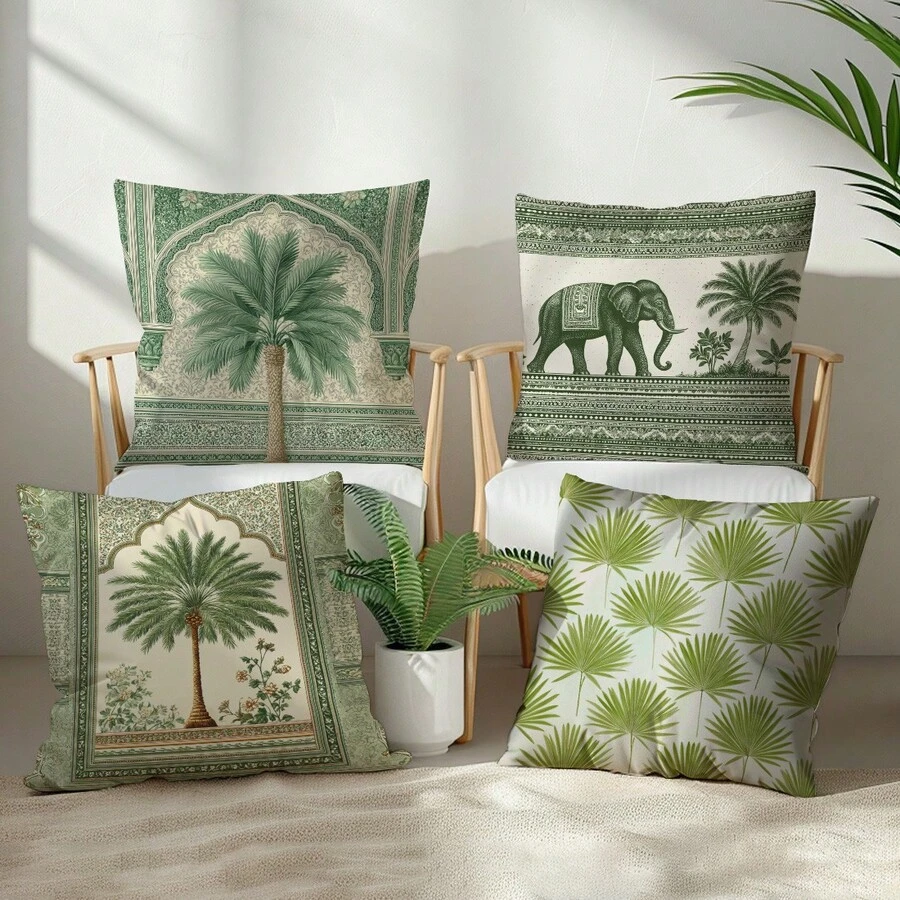 4 件套复古热带椰子树大象图案抱枕套，单面印花天鹅绒材质，45*45 厘米/18*18 英寸，适用于现代布艺沙发室内装饰、派对装饰、礼品 - 彩色 - 查看 1