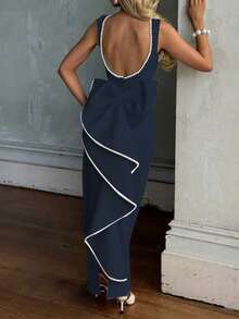 优雅浪漫假日约会舞会礼服、圣诞派对礼服、性感露背珍珠蝴蝶结派对礼服（女士款） - 寶藍色 - 查看 2