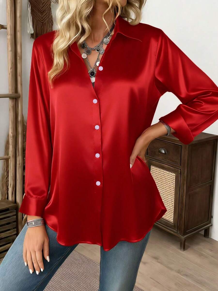 Top de Cetim com Lapela da Moda Feminina, Manga Longa Solta Drapeada Casual Elegante para Uso Diário no Verão - Vermelho - Visão 1