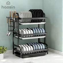 3 Camadas 43CM Organizador Multifuncional de Cozinha 1 Peça Preto 43cm - Suporte Palitos Tabua Corte Prato Drenagem Otimiza Espaço Balcão Presente Festivo - Preto - Visão 4