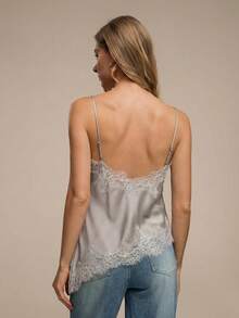 HZXVIC 女士新款纯色蕾丝边不对称吊带背心，适合夏季度假穿着 - 淺灰色 - 查看 4