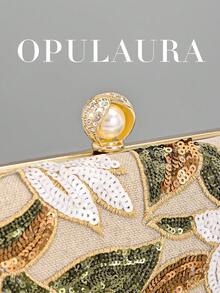 OpulAura 1件复古花卉手提包，时尚亮片刺绣花朵链条单肩包，迷你盒形钱包，适合派对女孩、新娘、新婚夫妇和上班族女性，可用于派对、婚礼、工作、商务旅行、户外活动和通勤。 - 杏色 - 查看 6