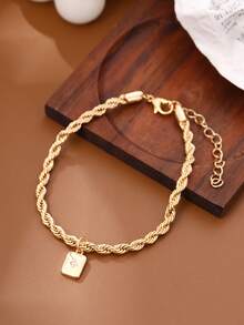 1pc Vintage Twisted Golden Rope Chain Rectangular Cubic Zirconia Pendant Anklet - Yellow Gold - View 3