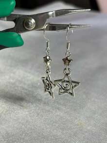 1pair Whimsygoth Star Studded Silver Earrings | Swirly Gothic Hypoallergenic Stainless Steel Hook Dangly Space Nature Aesthetic Handmade Jewelry - Star - View 1
