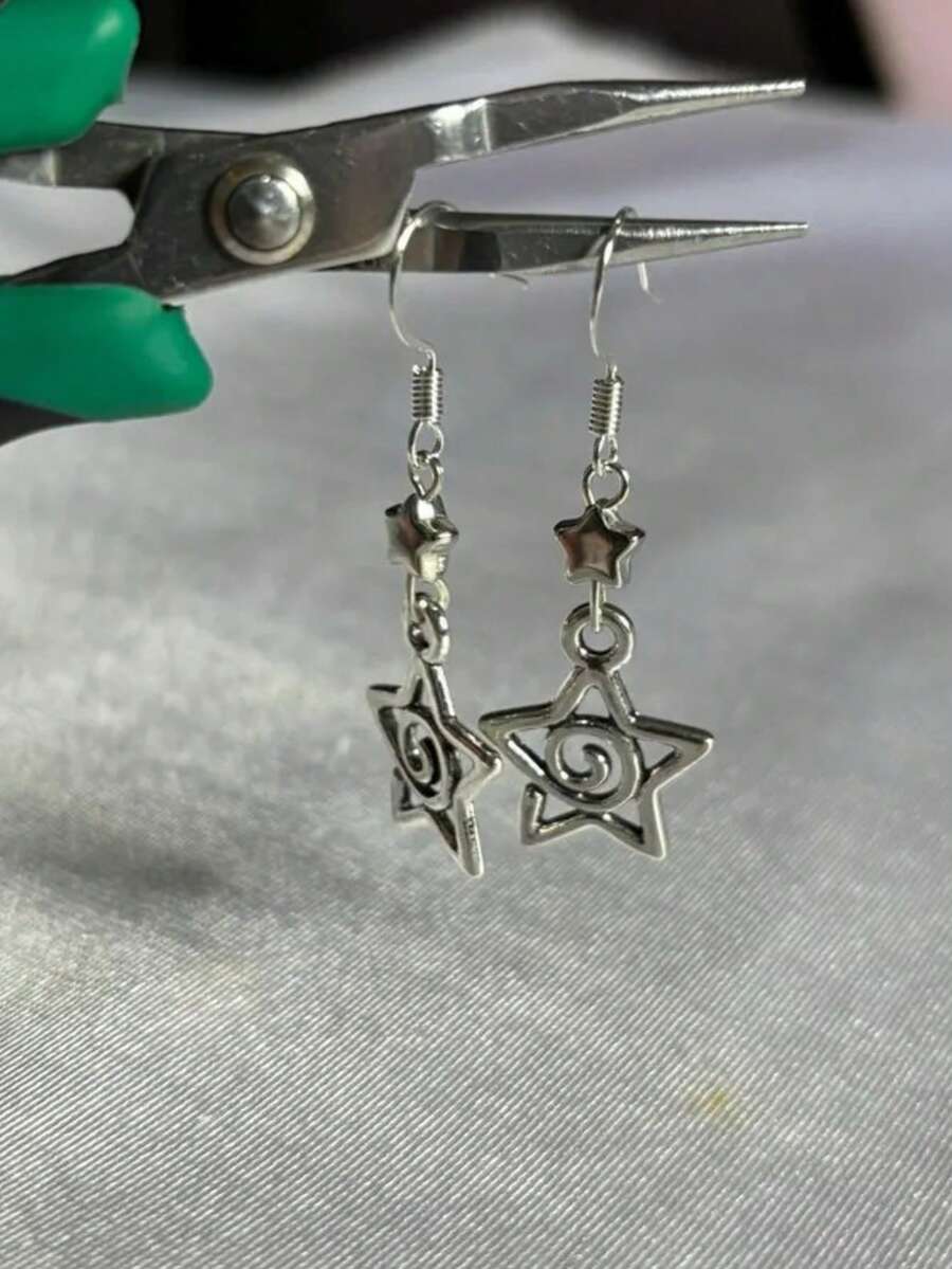 1pair Whimsygoth Star Studded Silver Earrings | Swirly Gothic Hypoallergenic Stainless Steel Hook Dangly Space Nature Aesthetic Handmade Jewelry - Star - View 1
