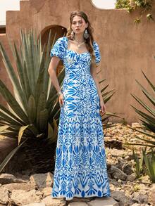 Faeriesty 优雅女士心形领连衣裙：波西米亚风刺绣印花连衣裙，泡泡袖，修身胸衣，层叠荷叶边下摆，腰部饰以精致点缀——完美适用于花园婚礼、波西米亚风新娘写真、私奔之旅、浪漫周年庆典、乡村户外活动等夏季场合。 - 藍色 - 查看 8