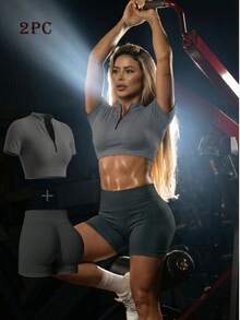 1. Women's Solid Color Short Sleeve Minimalist Top And Elastic Waist Sports Pants Set, Seamless Sports Shorts Set, Women's Fitness Set, Women's Sports Set, Women's Short Tight Pants Set - Grey - View 1