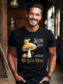 Men's Cottagecore Graphic T-Shirt - Funny Snail & Mushroom Design With "Slow & Aduly" Saying - Black Cotton Short Sleeve Summer Tee - Regular Fit Casual Shirt For Outdoor Activities, Natureinspired Design, Digital Print Quality - Black - View 1