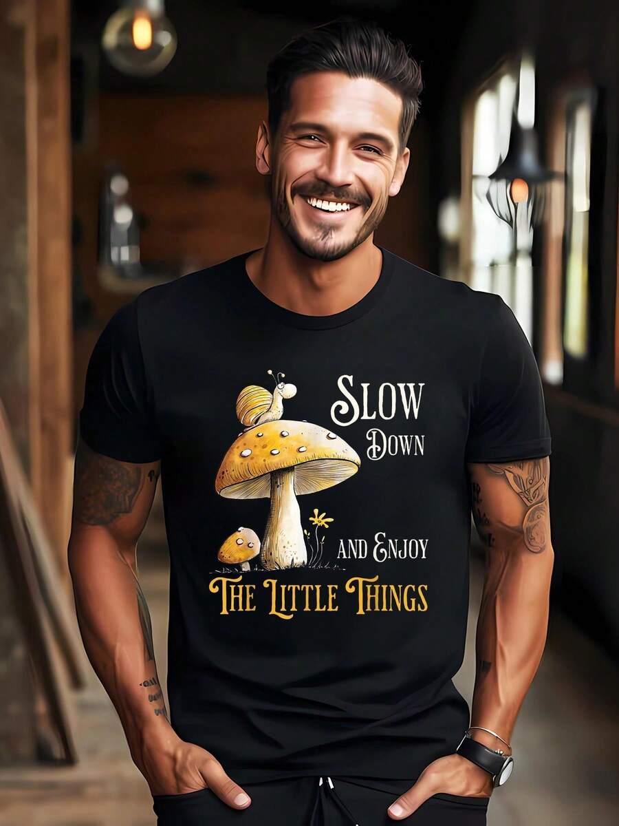 Men's Cottagecore Graphic T-Shirt - Funny Snail & Mushroom Design With "Slow & Aduly" Saying - Black Cotton Short Sleeve Summer Tee - Regular Fit Casual Shirt For Outdoor Activities, Natureinspired Design, Digital Print Quality - Black - View 1