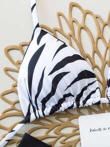 Bộ bikini hai mảnh họa tiết sọc ngựa vằn và màu trơn tương phản, gợi cảm, hở lưng dành cho nữ, thích hợp cho bãi biển, khu nghỉ dưỡng, lễ hội, kỳ nghỉ hè. - Đen và trắng - Xem 3