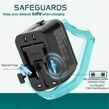 phenomdom 五合一旅行充电器，通用旅行适配器插头，2个Type-C 3A + 2个USB 2.4A快充端口，墙式充电器交流电源插头转换器，适用于美国、欧盟、英国、澳大利亚，USB充电器 - 黑色 - 查看 8