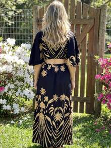 Boho Chic Maxi Dress - Cut-Out Style With Bell Sleeves - Black - View 2