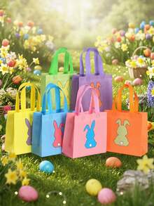 2/5/10/20个装复活节派对手提袋，无纺布材质，可重复使用，兔子图案，结实耐用的提手和加固底部 - 适用于复活节礼物、派对回礼、可折叠杂货袋、收纳袋、派对袋、礼品包装 - A - 查看 3
