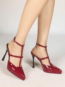 女士尖头厚底闭趾踝带金属扣高跟凉鞋，简约基础款，适合夏秋穿着 - 紅色 - 查看 2