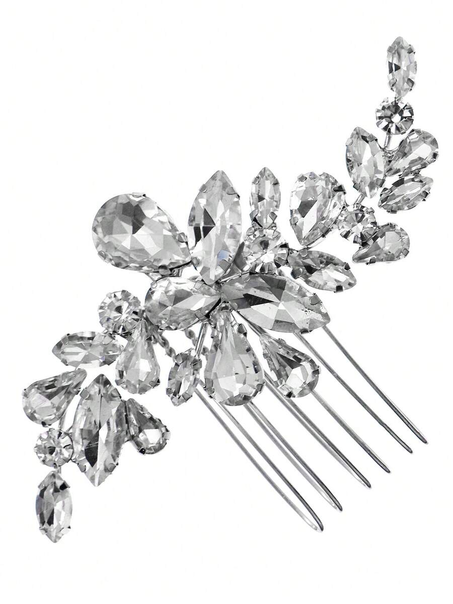 1 pieza Peineta de novia de cristal plateado, accesorio de pelo de boda con hoja de cristal brillante, decoración elegante de pelo para novia y dama de honor