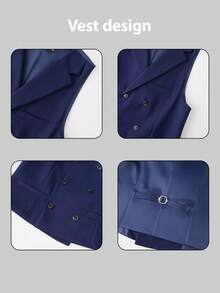 2026 Trending Men's 3-Piece Suit Set - Peak Lapel Blazer, Vest & Dress Pants | Classic Solid Formal Wear For Wedding Guest, Business & Prom (Easy-Care Poly-Viscose Blend) - 藍色 - 查看 5