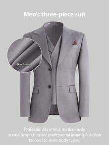 2026 Trending Men's 3-Piece Suit Set - Peak Lapel Blazer, Vest & Dress Pants | Classic Solid Formal Wear For Wedding Guest, Business & Prom (Easy-Care Poly-Viscose Blend) - Xám - Xem 2
