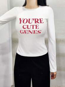 圆领长袖T恤，美式坏女孩风格，春秋新款字母印花，女士短款修身上衣 - 白色 - 查看 2