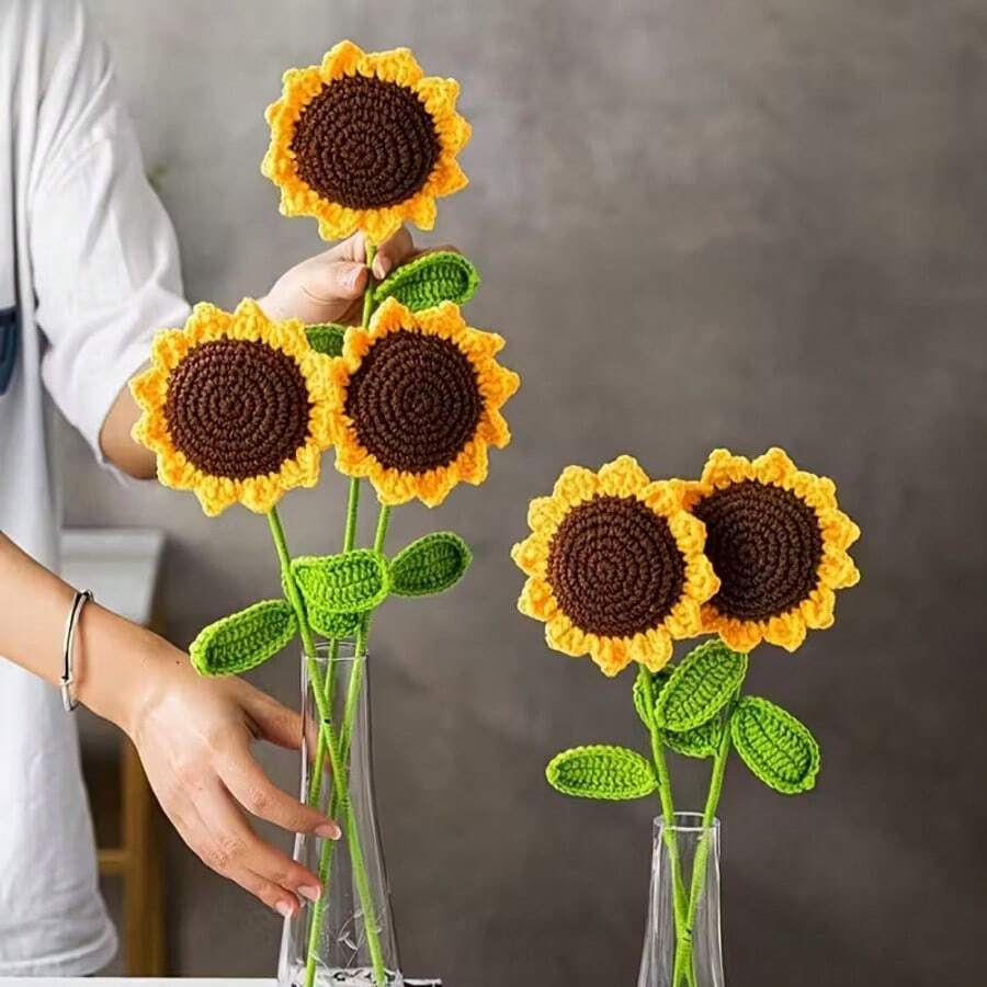 2pcs Handmade Crocheted Sunflower Artificial Flower Bouquet, Made Of High-Quality Synthetic Fibers, Realistic Appearance, Soft And Flexible Stems, Suitable For Wedding, Party, Harvest Festival Decoration, Also Can Be Used As Home Decor Or Holiday Gift - Multicolor - View 1