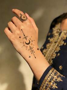 Juego de 8 plantillas de tatuajes temporales con patrones de estrellas, lunas y flores - Textura hueca delicada, reutilizables, aptos para tatuajes personalizados DIY, fiestas y decoración corporal diaria, fáciles de crear efectos de tatuaje únicos y exquisitos - Negro - Ver 5