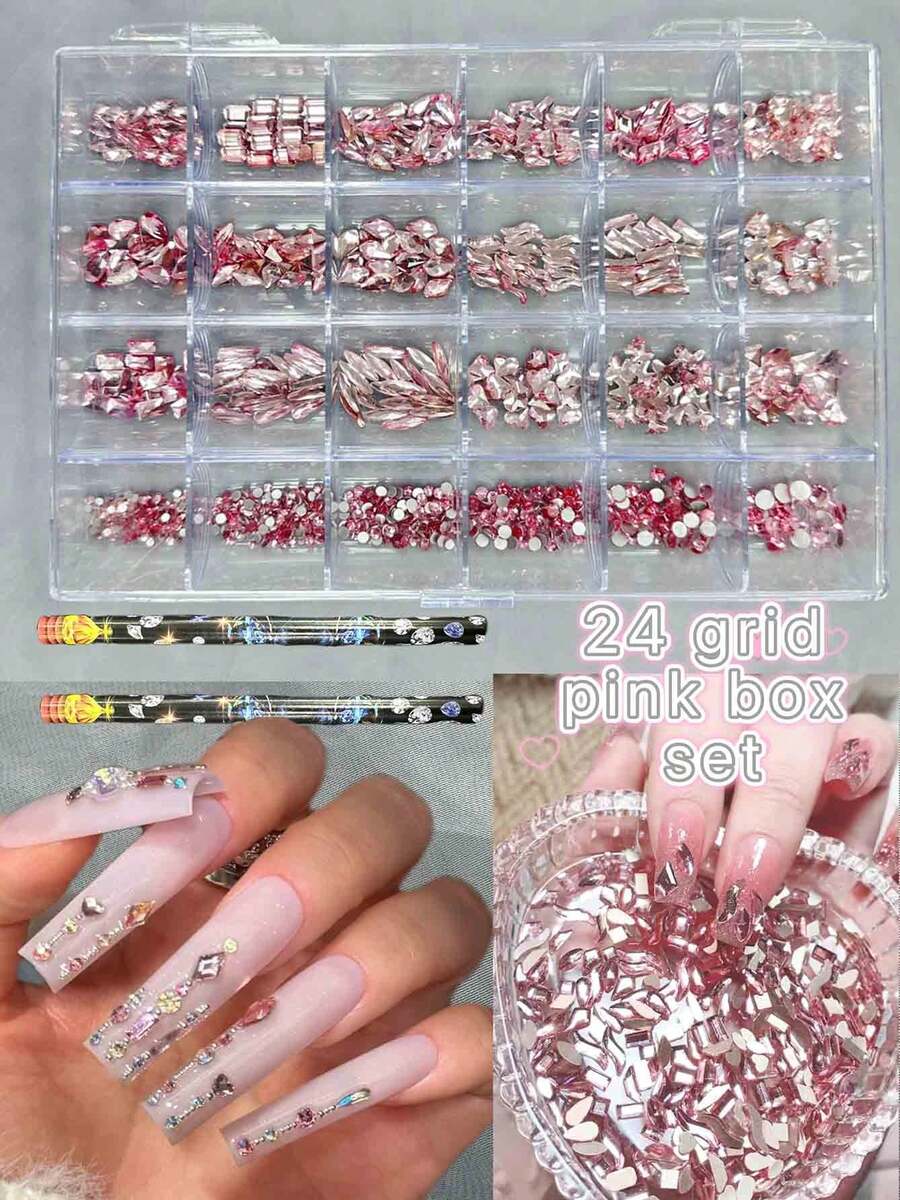 KIRAME 24 Compartments DIY Manicure K9 Glass Pink Flat Bottom Rhinestone Set - 20pcs High Gloss Rhinestones Per Style, Includes 2 Dotting Pens, Nail Gems, Nail Salon, Home Manicure, Nail Art Supplies, Christmas, New Year, Valentine's Day Nail Art, Holiday Gift, Suitable For Crafts, Clothing, Textiles, Shoes, Glassware, Jewelry Making - Multi-Size Sparkling Decorations Nails - 粉色 - 查看 1